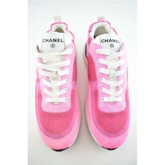 Chanel 21S Neon Pink Denim Suede CC Logo Lace Up Tie Low Top Trainer Sneaker 37 - Picture 6 of 12